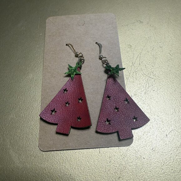 NWT Red Leather Christmas Tree Earrings - Picture 2 of 2